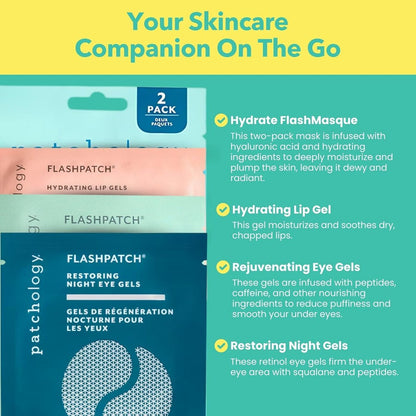 Patchology On The Fly Travel Facial Kit – Feuchtigkeitsspendende Hautpflege-Essentials für Gesicht, Augen und Lippen – 2 Paar Augenpflaster, 2 Hydrate Sheet Mask, 1 Lip Mask – Perfekt für unterwegs