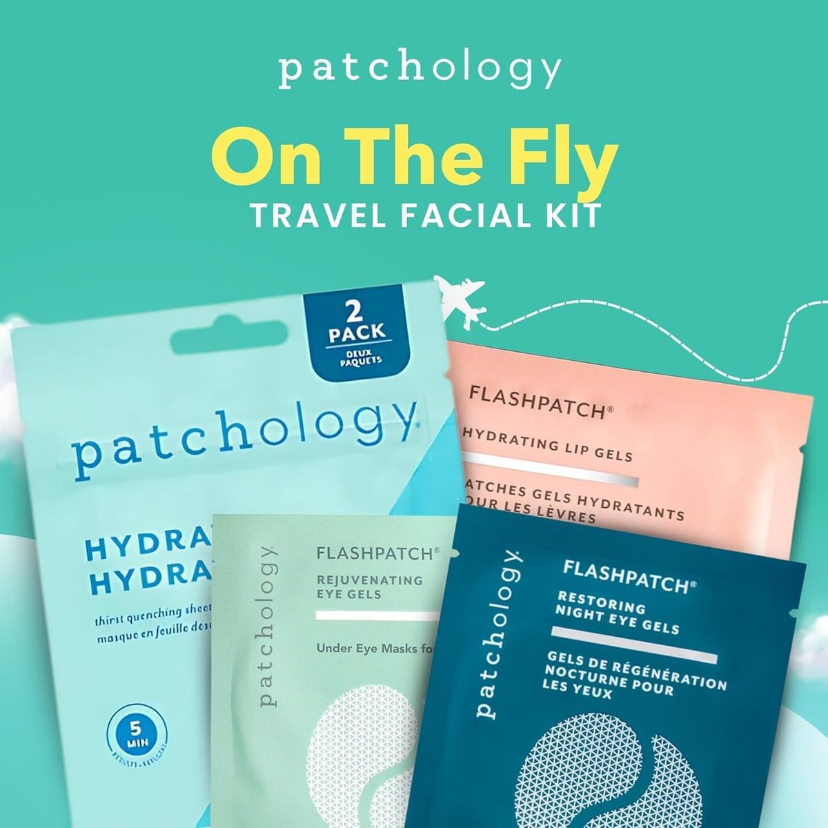 Patchology On The Fly Travel Facial Kit – Feuchtigkeitsspendende Hautpflege-Essentials für Gesicht, Augen und Lippen – 2 Paar Augenpflaster, 2 Hydrate Sheet Mask, 1 Lip Mask – Perfekt für unterwegs