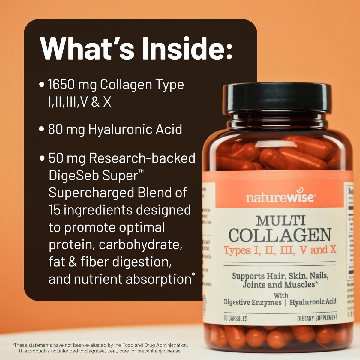 NatureWise Multi Collagen Peptide Kapseln für Frauen & Männer - Typ I, II, III, V, X mit Hyaluronsäure - Unterstützt Haut, Haare, Gelenke* - Weidehaltung, glutenfrei, ohne Gentechnik - 90 Kapseln [30 Tage Vorrat]