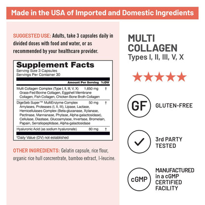 NatureWise Multi Collagen Peptide Kapseln für Frauen & Männer - Typ I, II, III, V, X mit Hyaluronsäure - Unterstützt Haut, Haare, Gelenke* - Weidehaltung, glutenfrei, ohne Gentechnik - 90 Kapseln [30 Tage Vorrat]