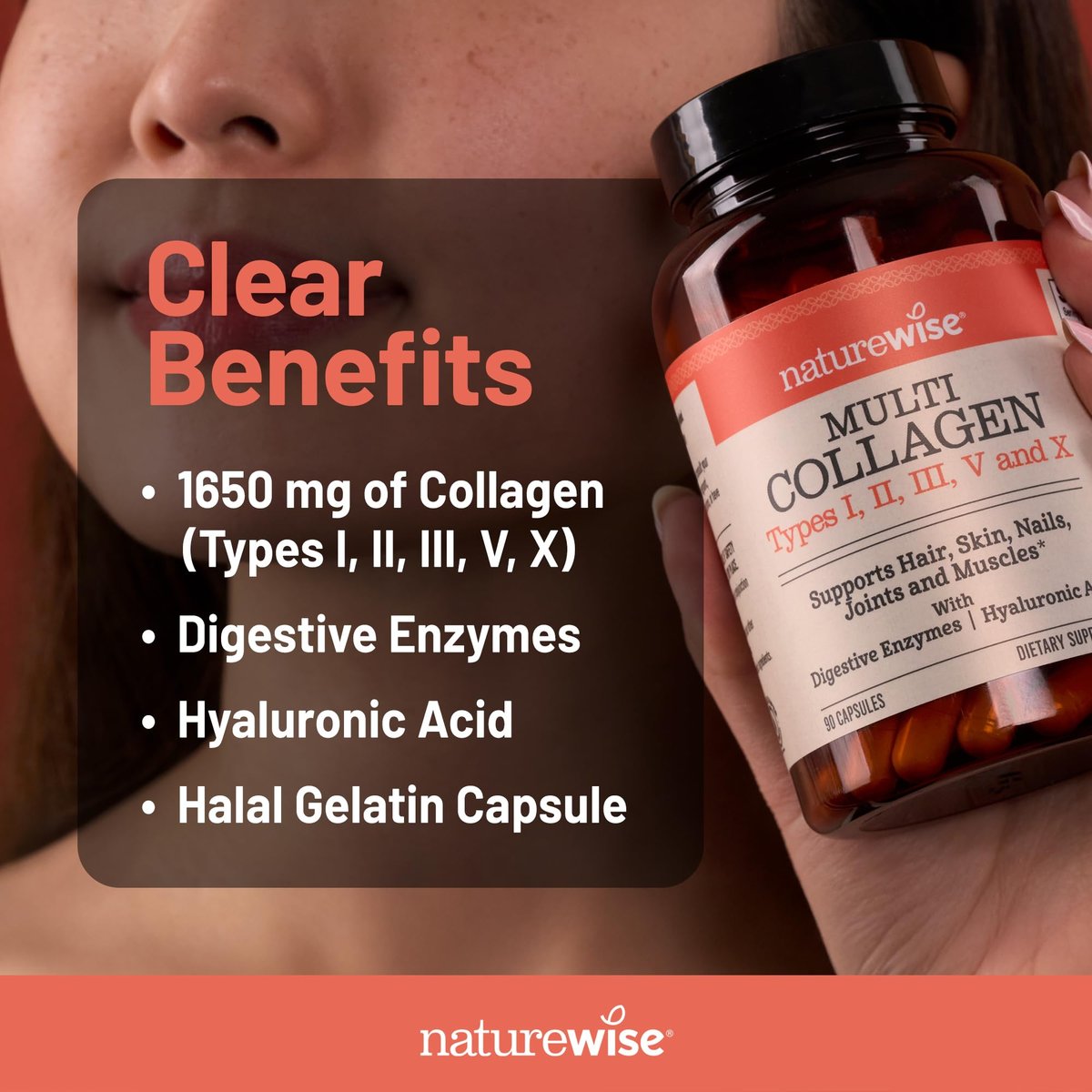 NatureWise Multi Collagen Peptide Kapseln für Frauen & Männer - Typ I, II, III, V, X mit Hyaluronsäure - Unterstützt Haut, Haare, Gelenke* - Weidehaltung, glutenfrei, ohne Gentechnik - 90 Kapseln [30 Tage Vorrat]