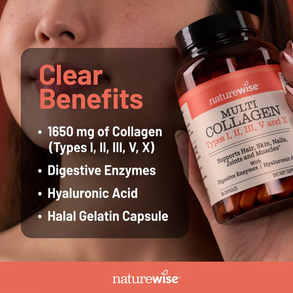 NatureWise Multi Collagen Peptide Kapseln für Frauen & Männer - Typ I, II, III, V, X mit Hyaluronsäure - Unterstützt Haut, Haare, Gelenke* - Weidehaltung, glutenfrei, ohne Gentechnik - 90 Kapseln [30 Tage Vorrat]