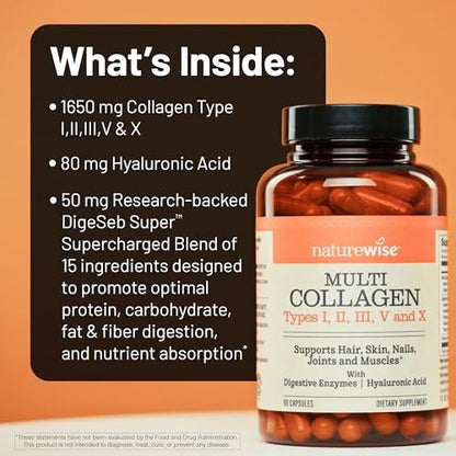 NatureWise Multi Collagen Peptide Kapseln für Frauen & Männer - Typ I, II, III, V, X mit Hyaluronsäure - Unterstützt Haut, Haare, Gelenke* - Weidehaltung, glutenfrei, ohne Gentechnik - 90 Kapseln [30 Tage Vorrat]