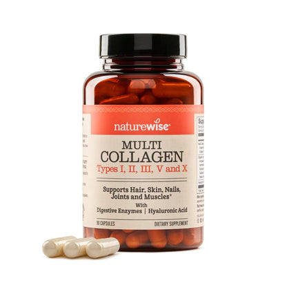 NatureWise Multi Collagen Peptide Kapseln für Frauen & Männer - Typ I, II, III, V, X mit Hyaluronsäure - Unterstützt Haut, Haare, Gelenke* - Weidehaltung, glutenfrei, ohne Gentechnik - 90 Kapseln [30 Tage Vorrat]