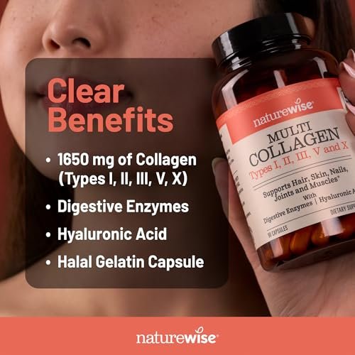 NatureWise Multi Collagen Peptide Kapseln für Frauen & Männer - Typ I, II, III, V, X mit Hyaluronsäure - Unterstützt Haut, Haare, Gelenke* - Weidehaltung, glutenfrei, ohne Gentechnik - 90 Kapseln [30 Tage Vorrat]