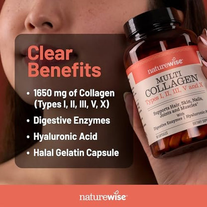 NatureWise Multi Collagen Peptide Kapseln für Frauen & Männer - Typ I, II, III, V, X mit Hyaluronsäure - Unterstützt Haut, Haare, Gelenke* - Weidehaltung, glutenfrei, ohne Gentechnik - 90 Kapseln [30 Tage Vorrat]