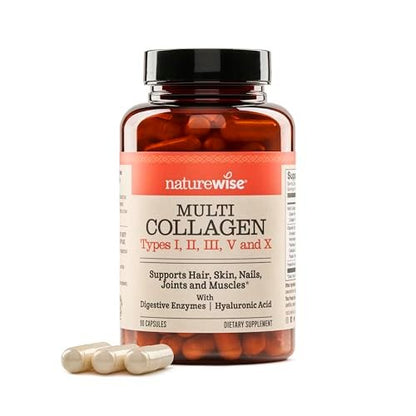 NatureWise Multi Collagen Peptide Kapseln für Frauen & Männer - Typ I, II, III, V, X mit Hyaluronsäure - Unterstützt Haut, Haare, Gelenke* - Weidehaltung, glutenfrei, ohne Gentechnik - 90 Kapseln [30 Tage Vorrat]