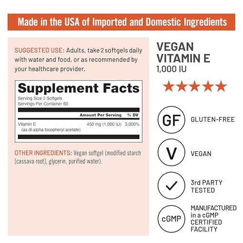 NatureWise Vitamin E 1000 IE Weichkapseln (450 mg dL-Alpha) - Vegan, glutenfrei, sojafrei, nicht-GMO Antioxidans Nahrungsergänzungsmittel für Haut-, Herz-, Augen- und Immununterstützung - 60-Tage-Vorrat, 120 Stück