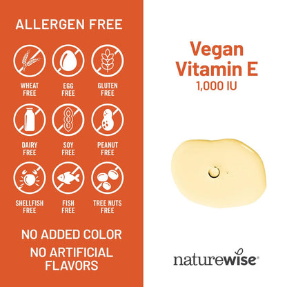 NatureWise Vitamin E 1000 IE Weichkapseln (450 mg dL-Alpha) - Vegan, glutenfrei, sojafrei, nicht-GMO Antioxidans Nahrungsergänzungsmittel für Haut-, Herz-, Augen- und Immununterstützung - 60-Tage-Vorrat, 120 Stück