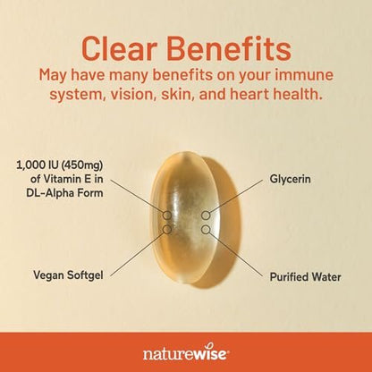 NatureWise Vitamin E 1000 IE Weichkapseln (450 mg dL-Alpha) - Vegan, glutenfrei, sojafrei, nicht-GMO Antioxidans Nahrungsergänzungsmittel für Haut-, Herz-, Augen- und Immununterstützung - 60-Tage-Vorrat, 120 Stück