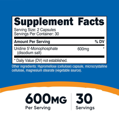 Nutricost Uridinmonophosphat (UMP) 60 Kapseln, 600 mg pro Portion – Vegan, 30 Portionen