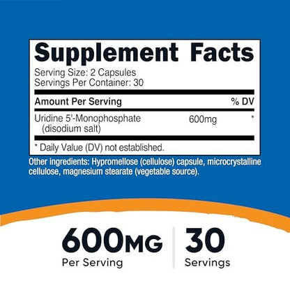 Nutricost Uridinmonophosphat (UMP) 60 Kapseln, 600 mg pro Portion – Vegan, 30 Portionen