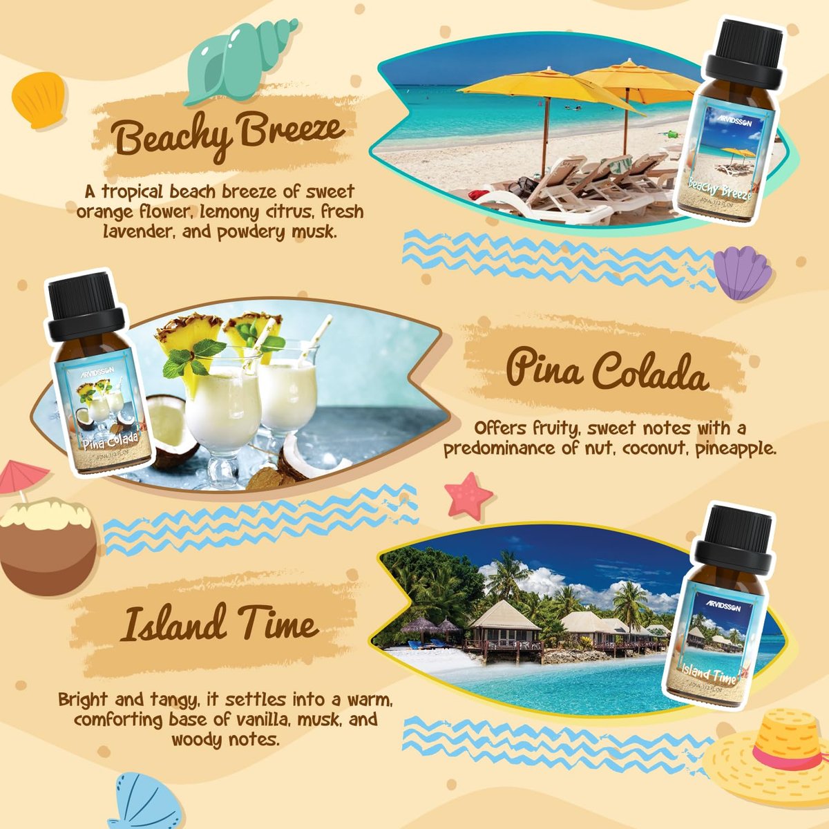 ARVIDSSON Beach Fragrance Öle Set – Sommerliche Duftöle für Diffuser, Kerzenherstellung & Home – Beachy Breeze, Ocean Air, Pina Colada, Pink Sand, Sea Salt, Island Time