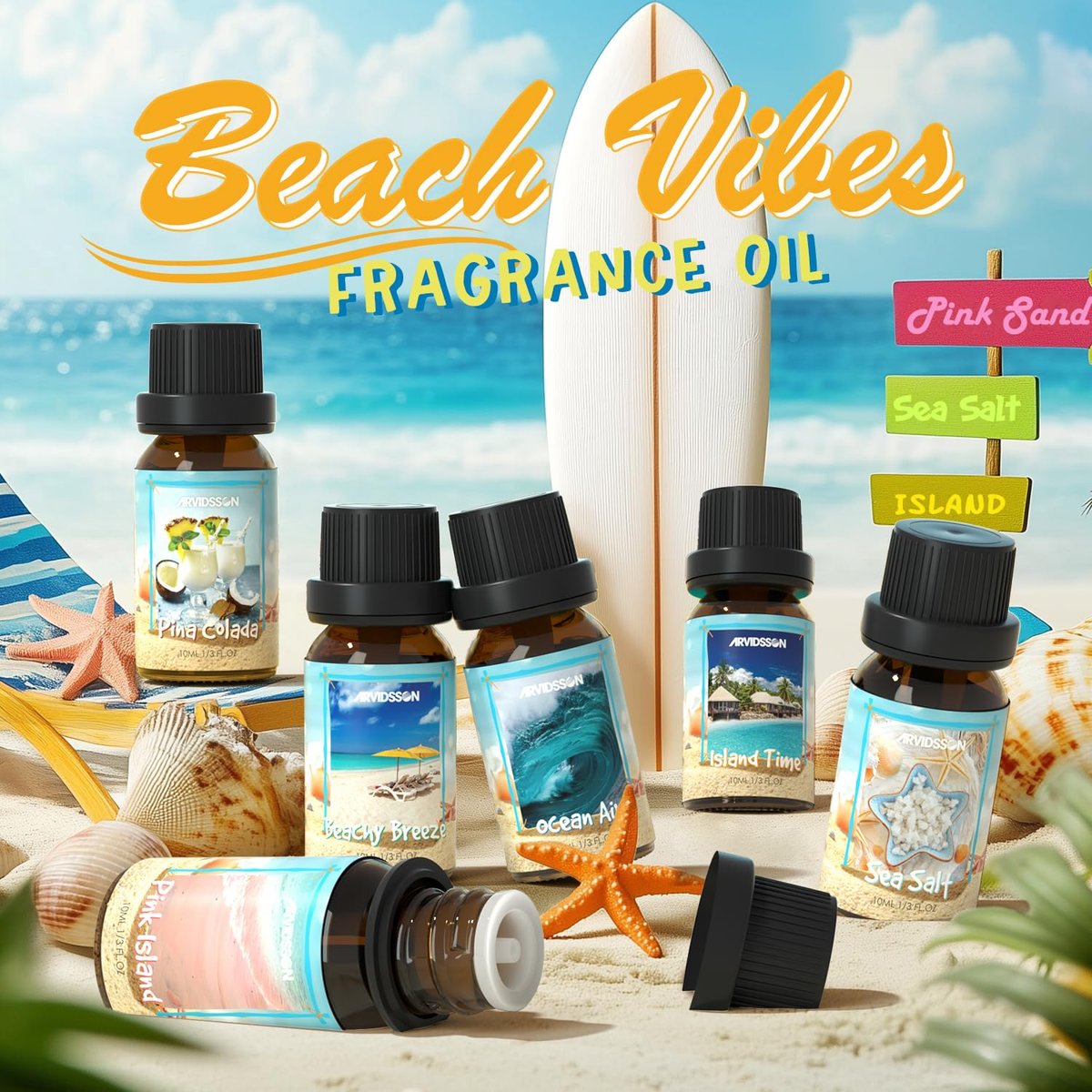 ARVIDSSON Beach Fragrance Öle Set – Sommerliche Duftöle für Diffuser, Kerzenherstellung & Home – Beachy Breeze, Ocean Air, Pina Colada, Pink Sand, Sea Salt, Island Time