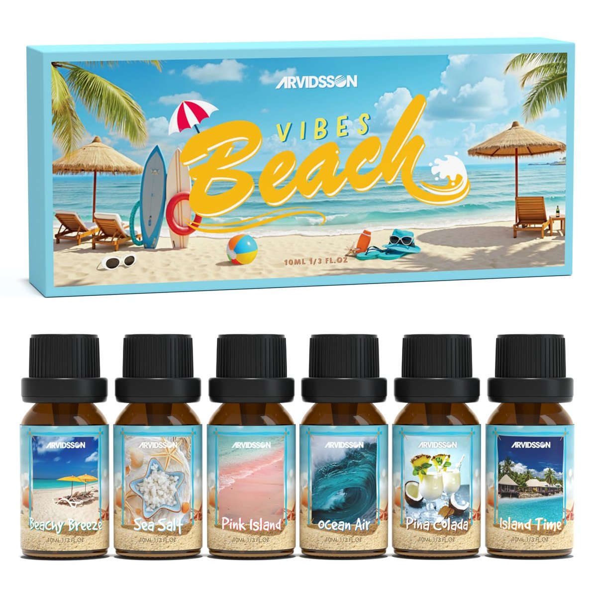 ARVIDSSON Beach Fragrance Öle Set – Sommerliche Duftöle für Diffuser, Kerzenherstellung & Home – Beachy Breeze, Ocean Air, Pina Colada, Pink Sand, Sea Salt, Island Time