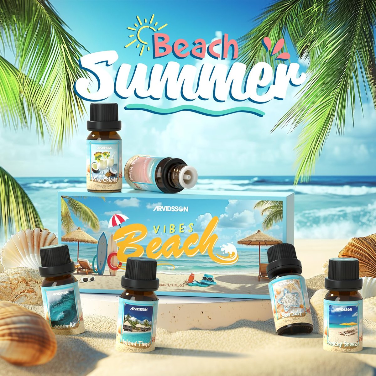 ARVIDSSON Beach Fragrance Öle Set – Sommerliche Duftöle für Diffuser, Kerzenherstellung & Home – Beachy Breeze, Ocean Air, Pina Colada, Pink Sand, Sea Salt, Island Time