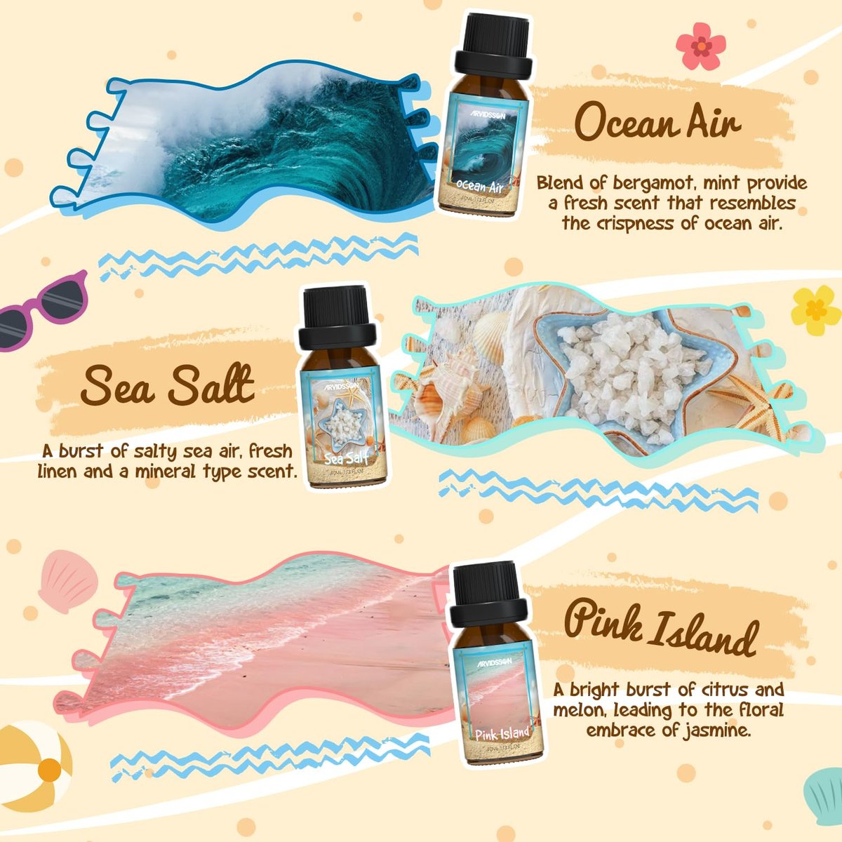 ARVIDSSON Beach Fragrance Öle Set – Sommerliche Duftöle für Diffuser, Kerzenherstellung & Home – Beachy Breeze, Ocean Air, Pina Colada, Pink Sand, Sea Salt, Island Time