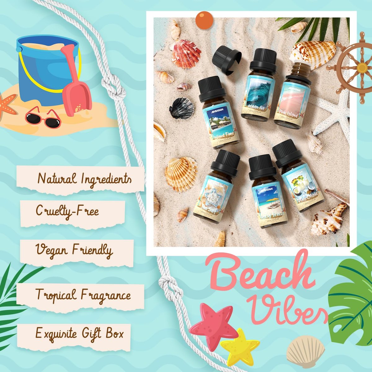 ARVIDSSON Beach Fragrance Öle Set – Sommerliche Duftöle für Diffuser, Kerzenherstellung & Home – Beachy Breeze, Ocean Air, Pina Colada, Pink Sand, Sea Salt, Island Time