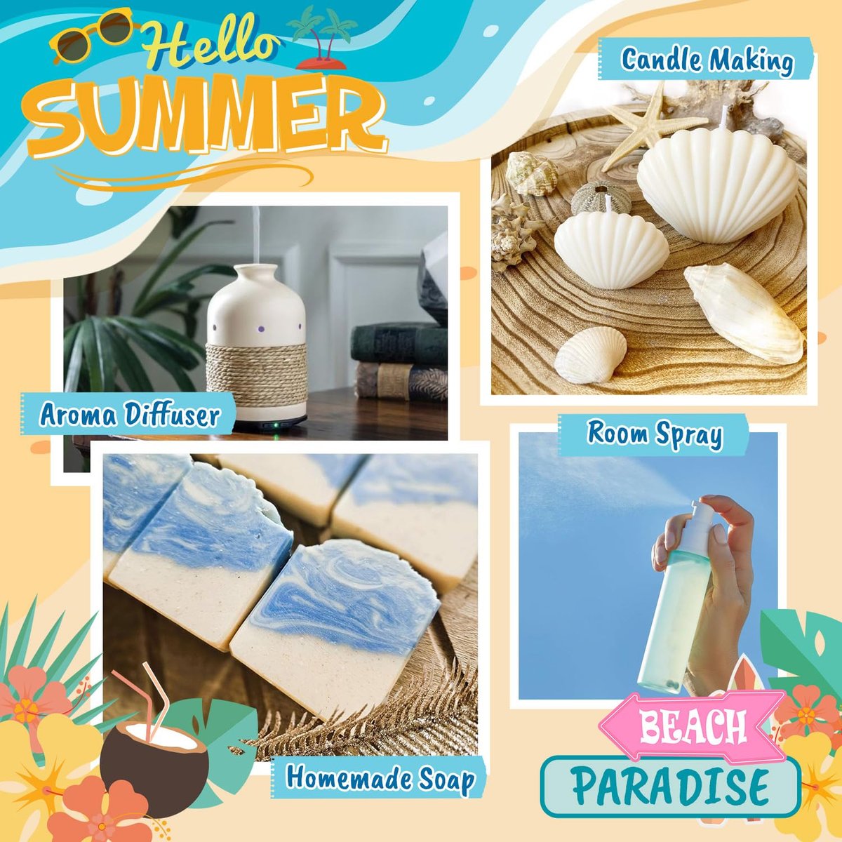 ARVIDSSON Beach Fragrance Öle Set – Sommerliche Duftöle für Diffuser, Kerzenherstellung & Home – Beachy Breeze, Ocean Air, Pina Colada, Pink Sand, Sea Salt, Island Time