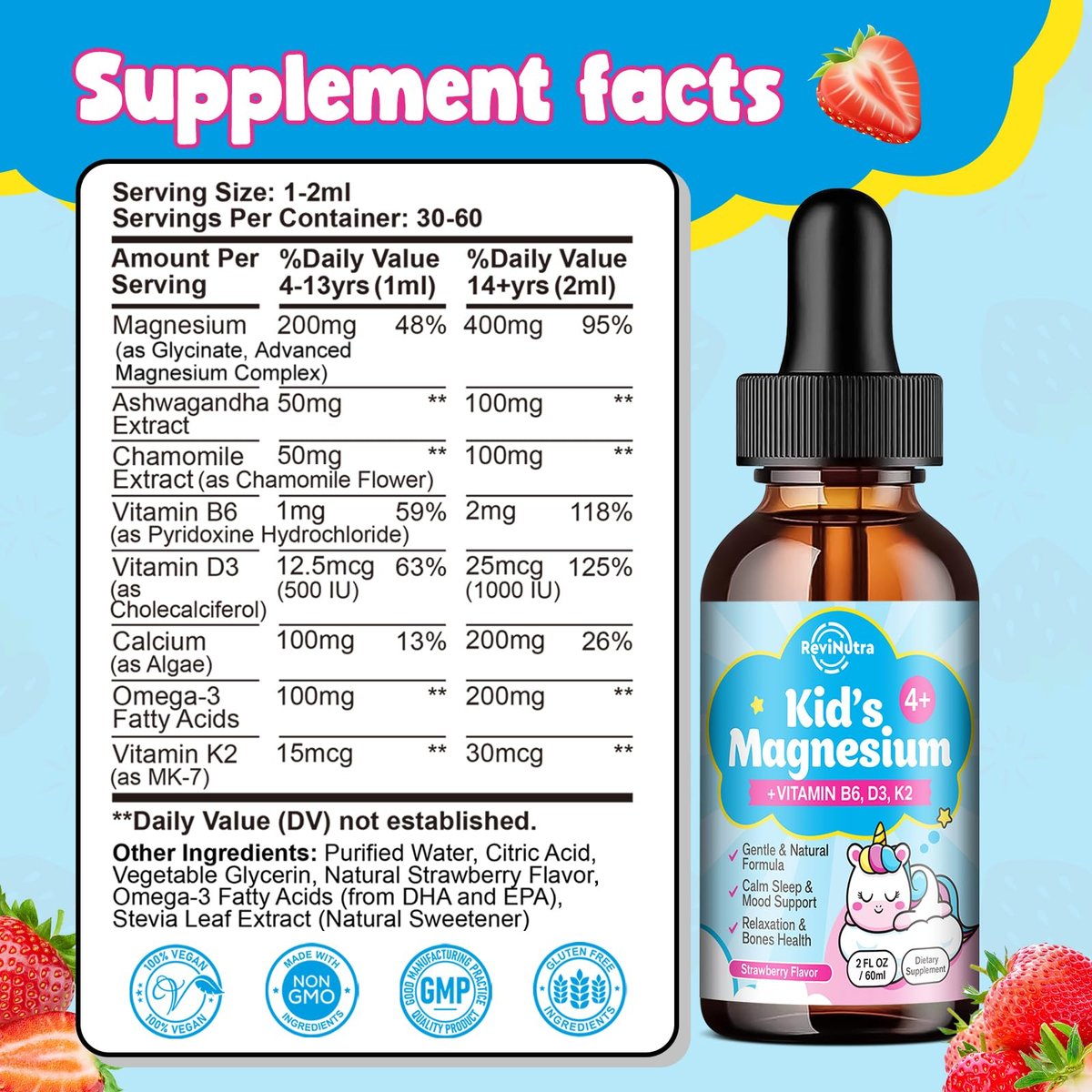 ReviNutra Kids Magnesium Glycinate Liquid Drops mit Omega-3, Ashwagandha, Vitamin B6, D3, K2, Calcium & Kamille – Magnesiumtropfen für Kinder Schlaf, Ruhe, Konzentration, Gehirn & Stimmung – Erdbeergeschmack