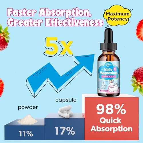 ReviNutra Kids Magnesium Glycinate Liquid Drops mit Omega-3, Ashwagandha, Vitamin B6, D3, K2, Calcium & Kamille – Magnesiumtropfen für Kinder Schlaf, Ruhe, Konzentration, Gehirn & Stimmung – Erdbeergeschmack