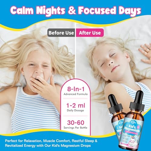 ReviNutra Kids Magnesium Glycinate Liquid Drops mit Omega-3, Ashwagandha, Vitamin B6, D3, K2, Calcium & Kamille – Magnesiumtropfen für Kinder Schlaf, Ruhe, Konzentration, Gehirn & Stimmung – Erdbeergeschmack