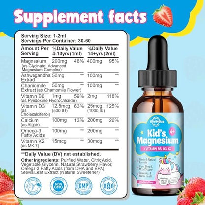 ReviNutra Kids Magnesium Glycinate Liquid Drops mit Omega-3, Ashwagandha, Vitamin B6, D3, K2, Calcium & Kamille – Magnesiumtropfen für Kinder Schlaf, Ruhe, Konzentration, Gehirn & Stimmung – Erdbeergeschmack