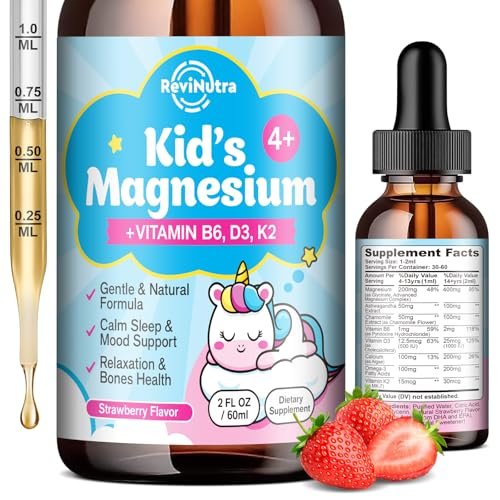 ReviNutra Kids Magnesium Glycinate Liquid Drops mit Omega-3, Ashwagandha, Vitamin B6, D3, K2, Calcium & Kamille – Magnesiumtropfen für Kinder Schlaf, Ruhe, Konzentration, Gehirn & Stimmung – Erdbeergeschmack