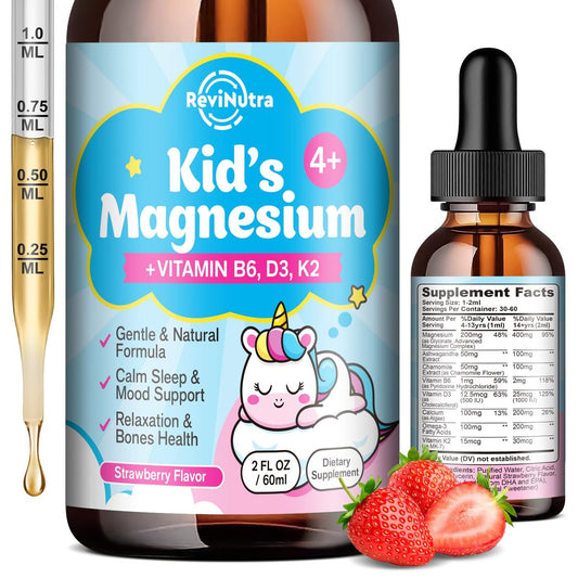 ReviNutra Kids Magnesium Glycinate Liquid Drops mit Omega-3, Ashwagandha, Vitamin B6, D3, K2, Calcium & Kamille – Magnesiumtropfen für Kinder Schlaf, Ruhe, Konzentration, Gehirn & Stimmung – Erdbeergeschmack