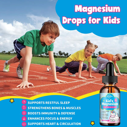 ReviNutra Kids Magnesium Glycinate Liquid Drops mit Omega-3, Ashwagandha, Vitamin B6, D3, K2, Calcium & Kamille – Magnesiumtropfen für Kinder Schlaf, Ruhe, Konzentration, Gehirn & Stimmung – Erdbeergeschmack