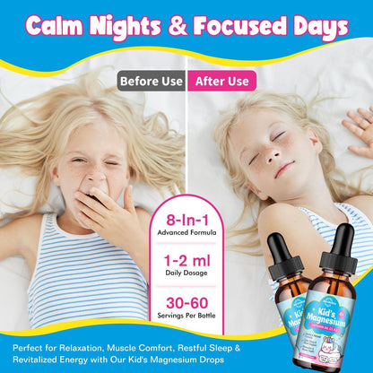 ReviNutra Kids Magnesium Glycinate Liquid Drops mit Omega-3, Ashwagandha, Vitamin B6, D3, K2, Calcium & Kamille – Magnesiumtropfen für Kinder Schlaf, Ruhe, Konzentration, Gehirn & Stimmung – Erdbeergeschmack
