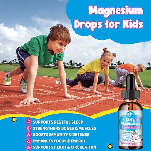 ReviNutra Kids Magnesium Glycinate Liquid Drops mit Omega-3, Ashwagandha, Vitamin B6, D3, K2, Calcium & Kamille – Magnesiumtropfen für Kinder Schlaf, Ruhe, Konzentration, Gehirn & Stimmung – Erdbeergeschmack