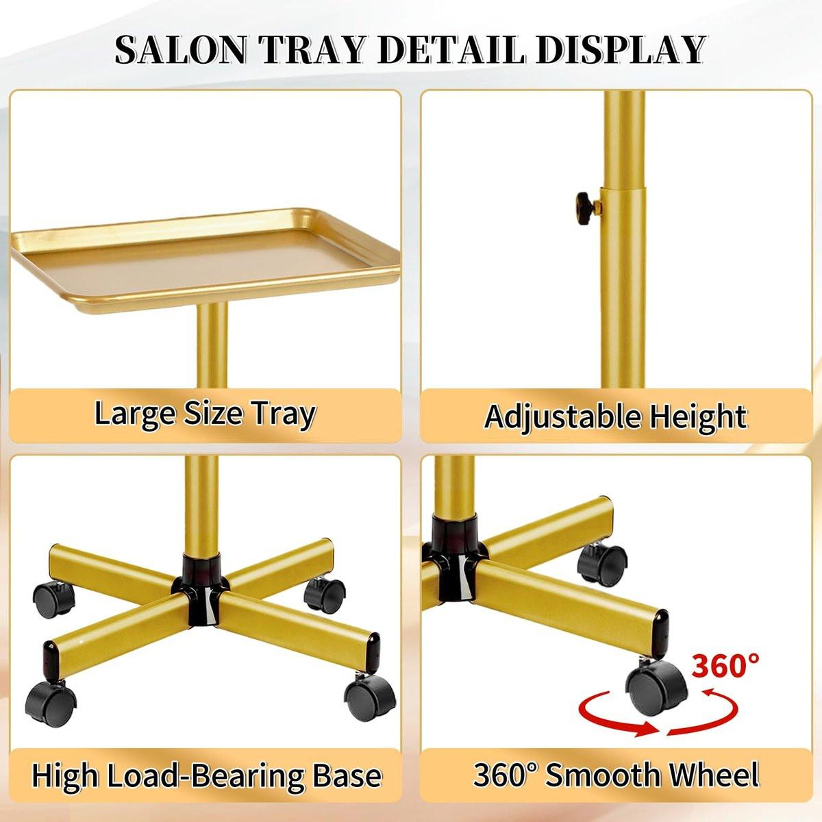 Goldener Salonwagen auf Rollen, höhenverstellbarer Friseurwagen, Metall-Ablagewagen für Salon & Zuhause, geeignet als Tattoo- und Dentalwagen