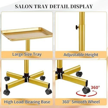Goldener Salonwagen auf Rollen, höhenverstellbarer Friseurwagen, Metall-Ablagewagen für Salon & Zuhause, geeignet als Tattoo- und Dentalwagen