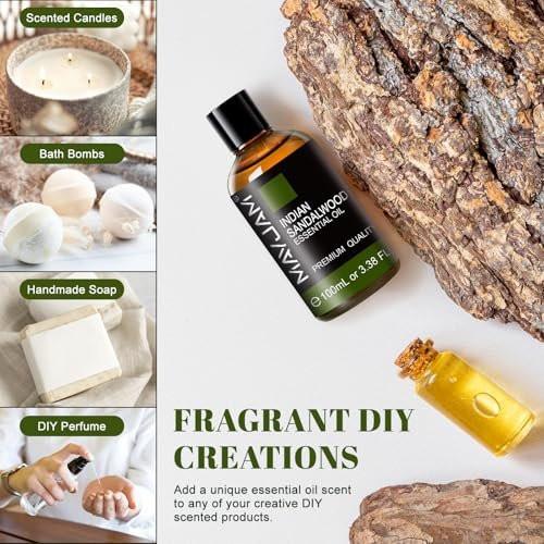 MAYJAM Indisches Sandelholz Öl 100 ml – Reines ätherisches Öl für Massage, Hautpflege, Haarpflege, Diffuser, Kerzen- und Seifenherstellung