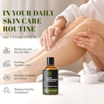 MAYJAM Indisches Sandelholz Öl 100 ml – Reines ätherisches Öl für Massage, Hautpflege, Haarpflege, Diffuser, Kerzen- und Seifenherstellung