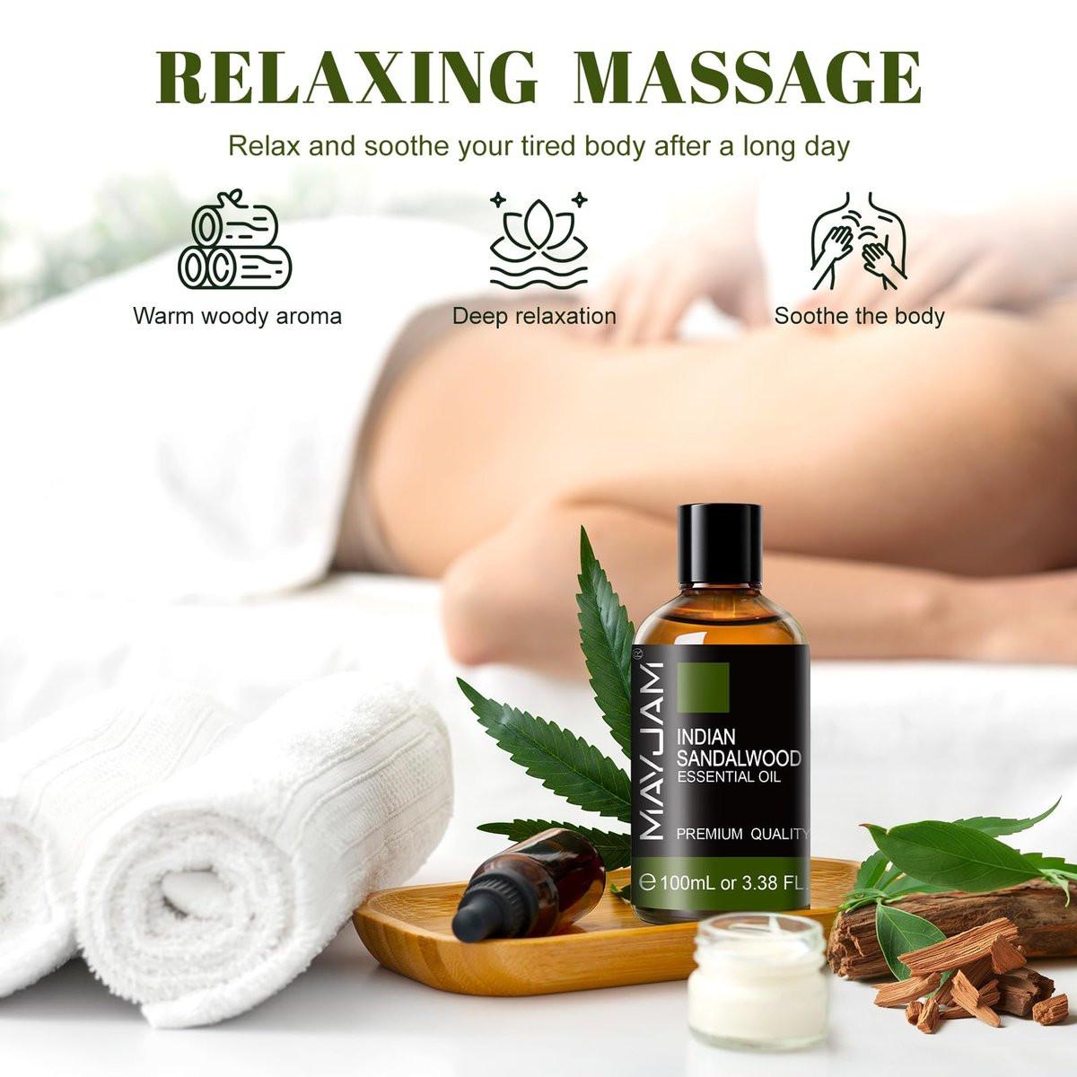 MAYJAM Indisches Sandelholz Öl 100 ml – Reines ätherisches Öl für Massage, Hautpflege, Haarpflege, Diffuser, Kerzen- und Seifenherstellung