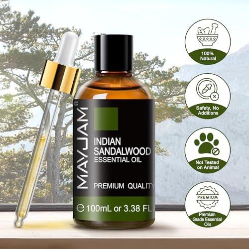 MAYJAM Indisches Sandelholz Öl 100 ml – Reines ätherisches Öl für Massage, Hautpflege, Haarpflege, Diffuser, Kerzen- und Seifenherstellung