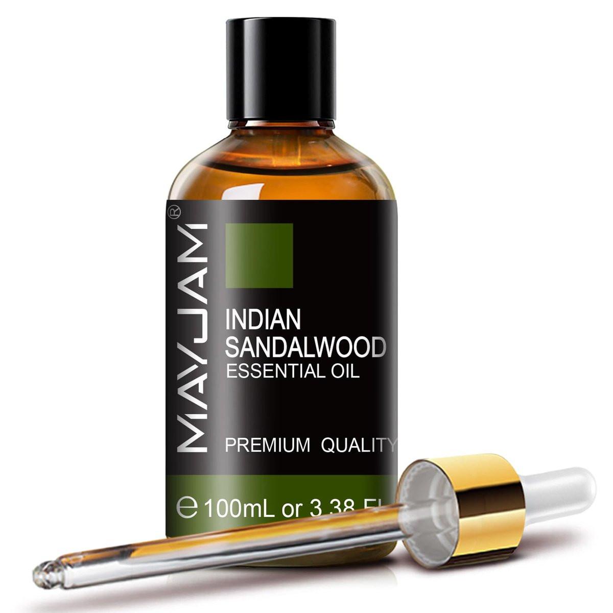 MAYJAM Indisches Sandelholz Öl 100 ml – Reines ätherisches Öl für Massage, Hautpflege, Haarpflege, Diffuser, Kerzen- und Seifenherstellung