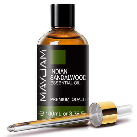MAYJAM Indisches Sandelholz Öl 100 ml – Reines ätherisches Öl für Massage, Hautpflege, Haarpflege, Diffuser, Kerzen- und Seifenherstellung