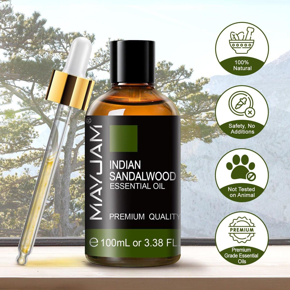 MAYJAM Indisches Sandelholz Öl 100 ml – Reines ätherisches Öl für Massage, Hautpflege, Haarpflege, Diffuser, Kerzen- und Seifenherstellung