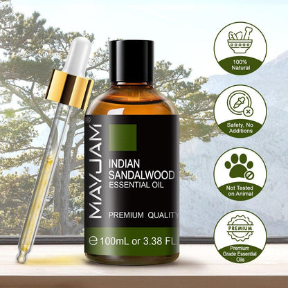 MAYJAM Indisches Sandelholz Öl 100 ml – Reines ätherisches Öl für Massage, Hautpflege, Haarpflege, Diffuser, Kerzen- und Seifenherstellung