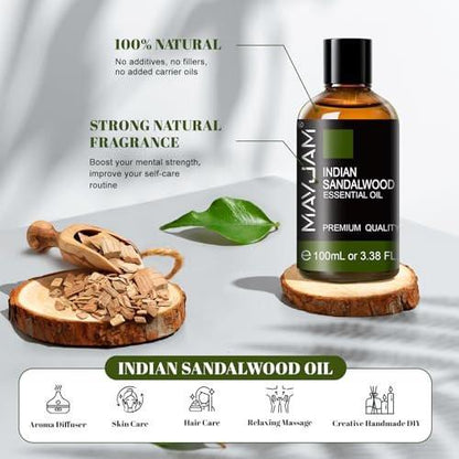 MAYJAM Indisches Sandelholz Öl 100 ml – Reines ätherisches Öl für Massage, Hautpflege, Haarpflege, Diffuser, Kerzen- und Seifenherstellung