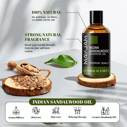 MAYJAM Indisches Sandelholz Öl 100 ml – Reines ätherisches Öl für Massage, Hautpflege, Haarpflege, Diffuser, Kerzen- und Seifenherstellung