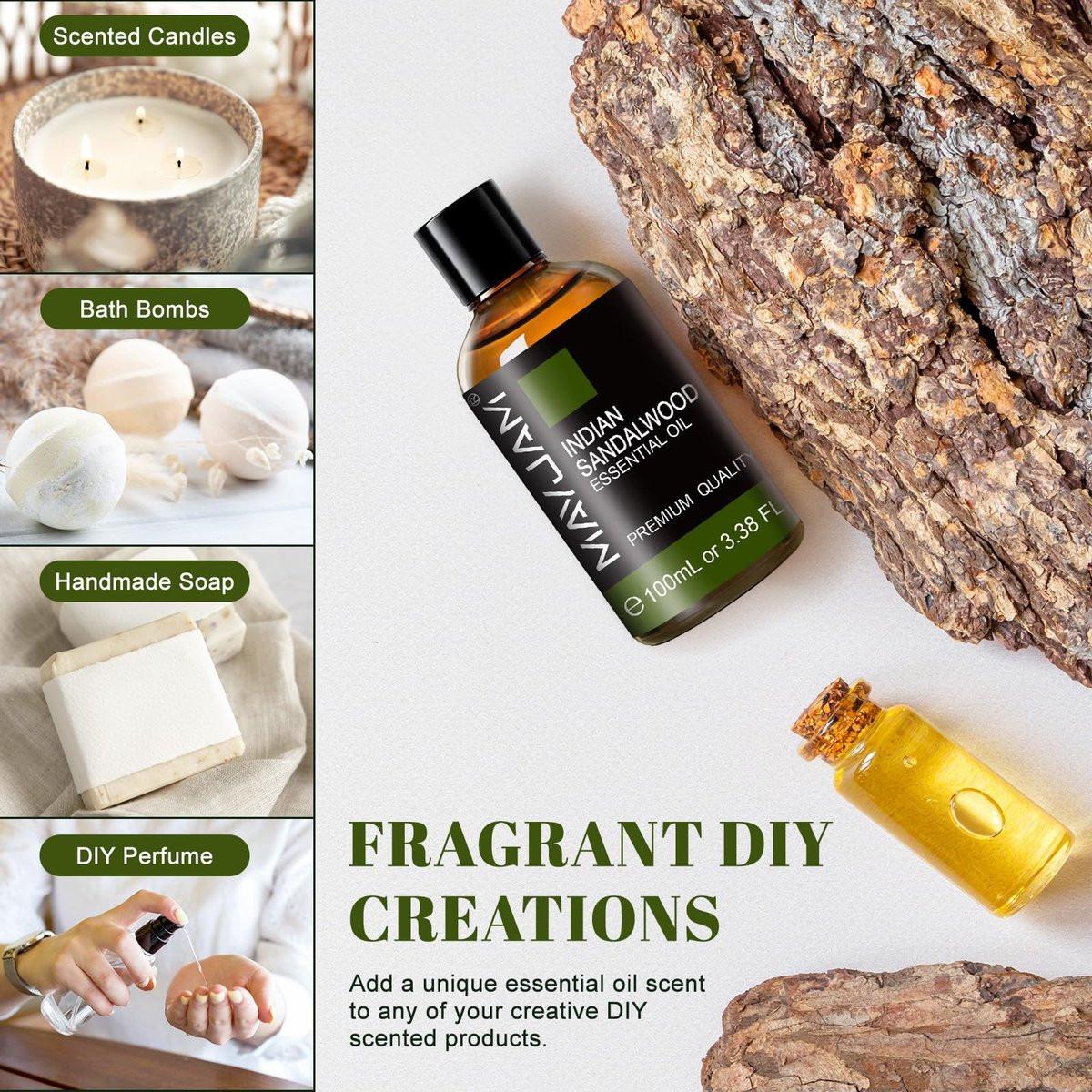 MAYJAM Indisches Sandelholz Öl 100 ml – Reines ätherisches Öl für Massage, Hautpflege, Haarpflege, Diffuser, Kerzen- und Seifenherstellung