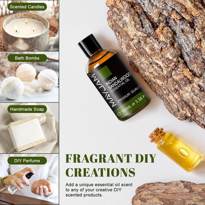 MAYJAM Indisches Sandelholz Öl 100 ml – Reines ätherisches Öl für Massage, Hautpflege, Haarpflege, Diffuser, Kerzen- und Seifenherstellung