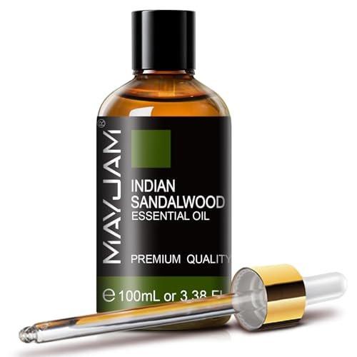 MAYJAM Indisches Sandelholz Öl 100 ml – Reines ätherisches Öl für Massage, Hautpflege, Haarpflege, Diffuser, Kerzen- und Seifenherstellung