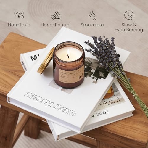 M&SENSE Eukalyptus-Minze Duftkerze Geschenk, Aromatherapie Kerzenset für Frauen, Sojawachs Kerzen langanhaltend, Bernsteinfarbenes Glas Kerze Geschenk für Weihnachten, Erntedankfest, Feiertage