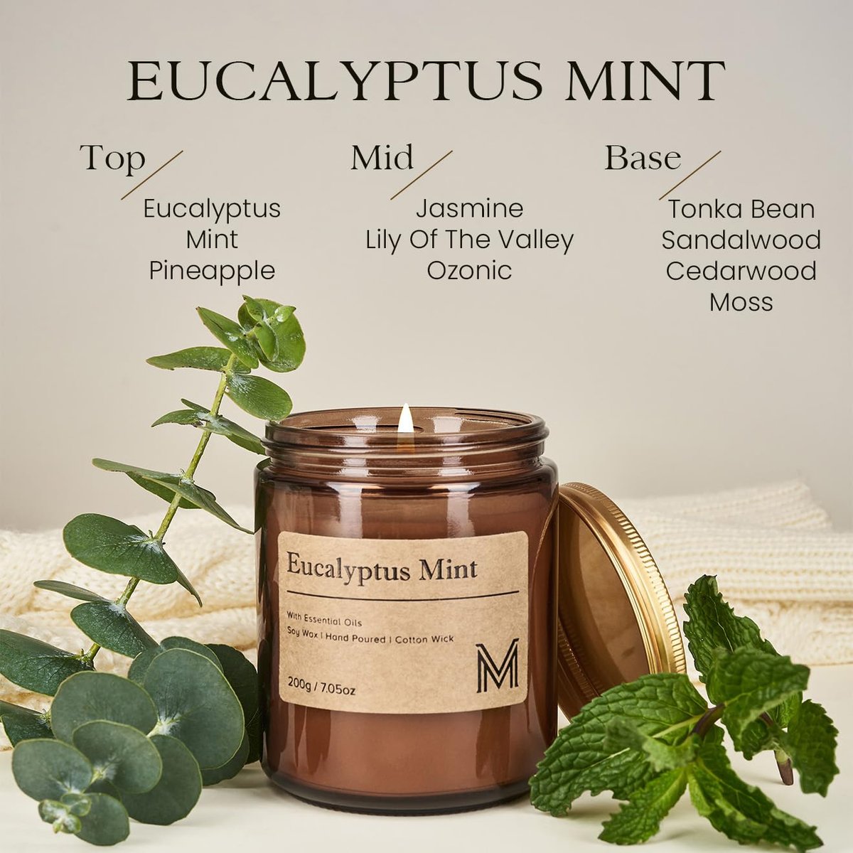 M&SENSE Eukalyptus-Minze Duftkerze Geschenk, Aromatherapie Kerzenset für Frauen, Sojawachs Kerzen langanhaltend, Bernsteinfarbenes Glas Kerze Geschenk für Weihnachten, Erntedankfest, Feiertage