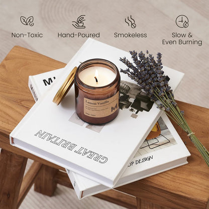 M&SENSE Zitronen-Vanille Duftkerze im Weihnachtsgeschenk-Set, Sojawachskerzen für Zuhause, langanhaltende Amber-Glas-Kerze für Frauen, ideales Geschenk zu Weihnachten, Erntedankfest und Feiertagen